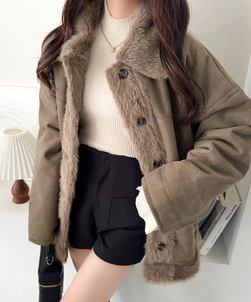 mily bilet】甘さと気品で冬を楽しむ。ファー切り替えスウェードライク