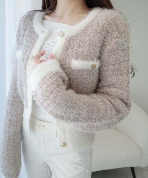 mily bilet】ツィードライクフェザー切り替えラメニットジャケット