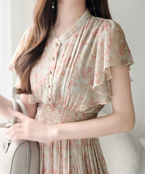 mily bilet】水彩調の花柄が目を惹く、大人の袖フリルプリーツ
