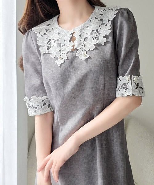 mily bilet】贅沢な花柄レースが導く、大人の気品。襟配色レースリネン