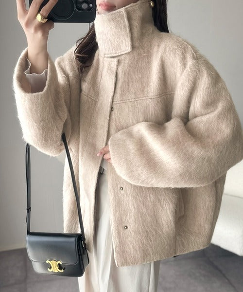 暖かさとおしゃれを両立♪ミックスシャギースタンドカラー比翼ミドル