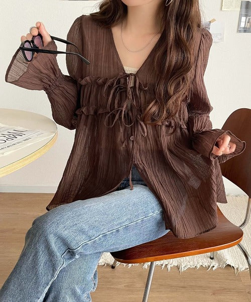 mily bilet】軽やかガーリー。リボン使いシアー楊柳フリルカーディガン