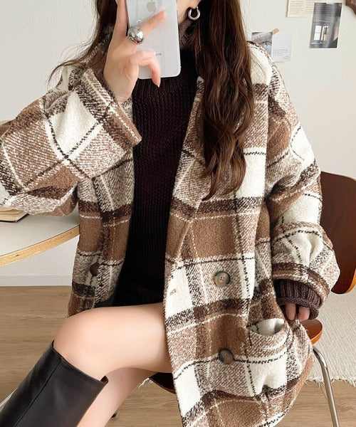 mily bilet】冬のコーデを引き立てる。起毛ブークレチェック柄コクーン