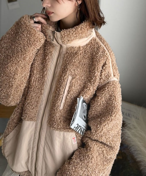 JaVaジャバコラボ》ぬくぬく愛らしい◎プードルボア×ナイロン異素材