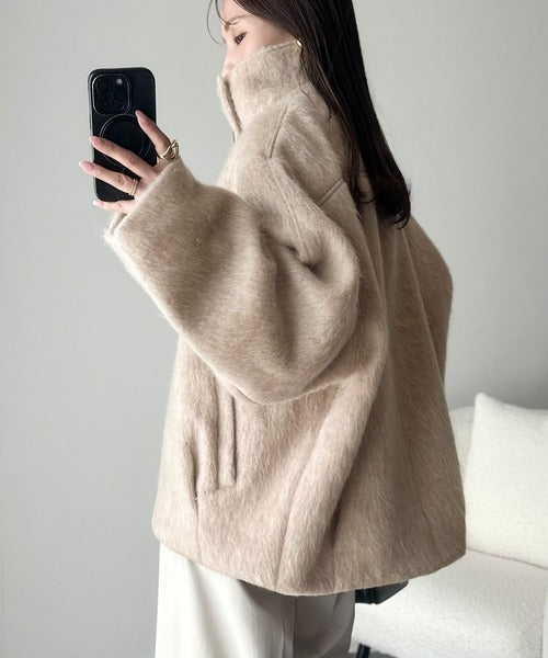 クラシック　コート　比翼　Goffa x 暖かさとおしゃれを両立♪ミックスシャギースタンドカラー比翼ミドル