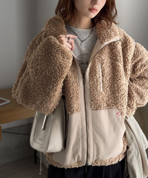 JaVaジャバコラボ》ぬくぬく愛らしい◎プードルボア×ナイロン異素材