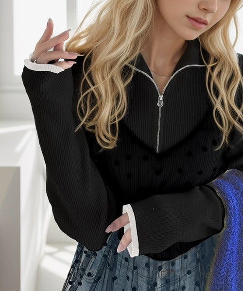 抜け感がかわいい万能ニット。ハーフジップリブニットプルオーバー