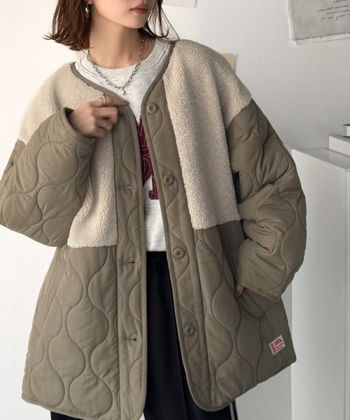 JaVaジャバコラボ》軽くて暖かい、旬顔ボア切替♪ノーカラーひょうたん