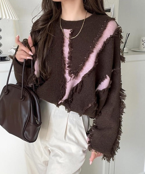 ゆるっとこなれ感◎男女兼用可♪フリンジ配色オーバーニット（長袖