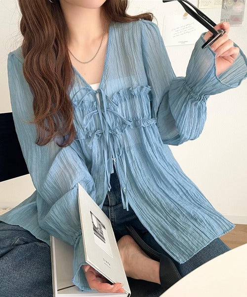 mily bilet】軽やかガーリー。リボン使いシアー楊柳フリルカーディガン