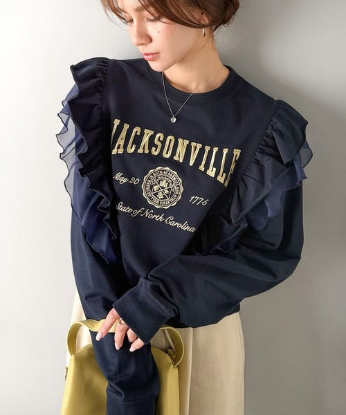 mily bilet】チュールとフリルで甘く着る。ダブルフリルカレッジロゴ 
