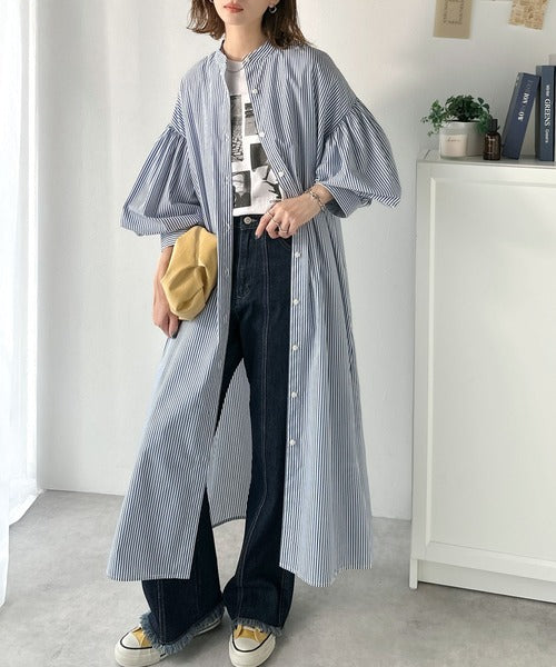 着方自在でロングシーズン活躍◎柄アソートバンドカラービッグシャツ