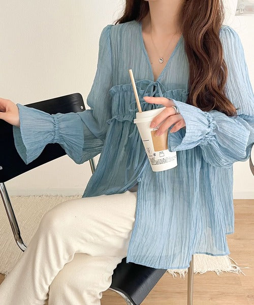 mily bilet】軽やかガーリー。リボン使いシアー楊柳フリルカーディガン