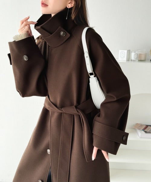 360度上品魅せ。衿2way比翼スタンドウール調ステンカラーコート