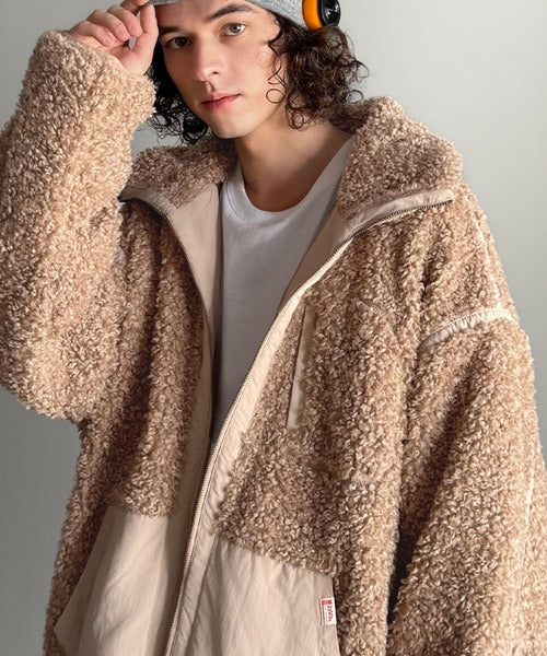 JaVaジャバコラボ》ぬくぬく愛らしい◎プードルボア×ナイロン異素材