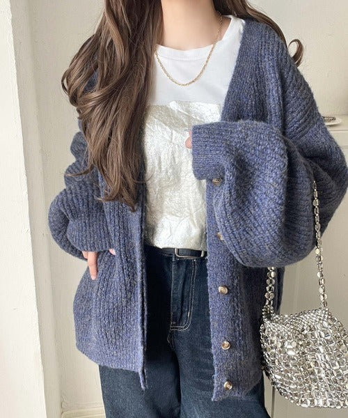 大人上品なニュアンスを演出◎比翼Vネックミックスニットカーディガン
