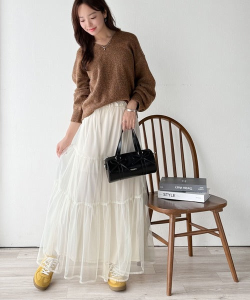 ふわっと軽やか◎メランジ調Vネックニットプルオーバー（長袖