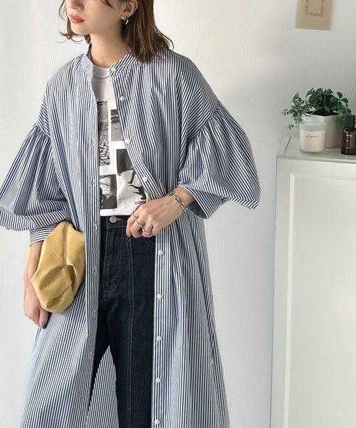 着方自在でロングシーズン活躍◎柄アソートバンドカラービッグシャツ