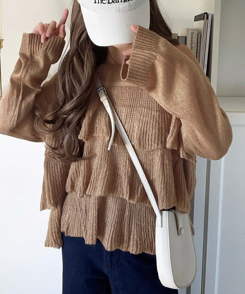 ふんわり大人フェミニン♪ティアードフリルモヘアタッチメッシュ編み