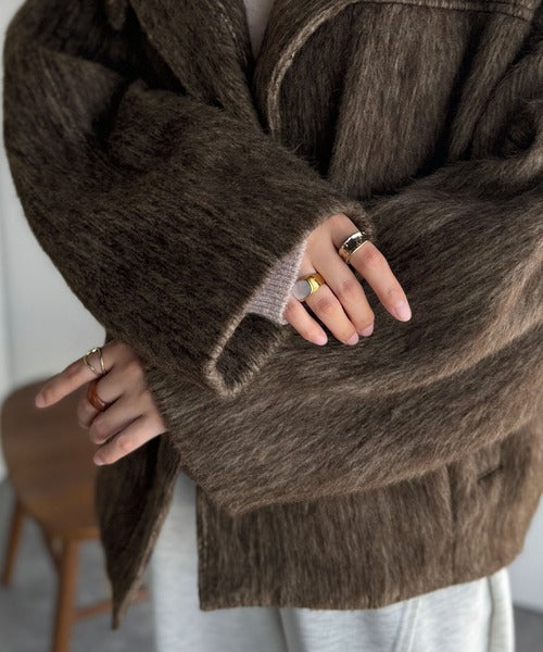 暖かさとおしゃれを両立♪ミックスシャギースタンドカラー比翼ミドル