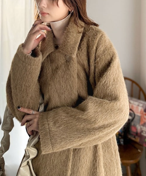 極美品 佐藤健着用✨TANAKA THE COAT シャギー シングルコート ふわり纏うだけで上品見え。2wayシャギーダブルビックカラージャケット