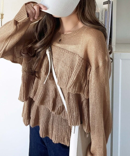 ふんわり大人フェミニン♪ティアードフリルモヘアタッチメッシュ編み