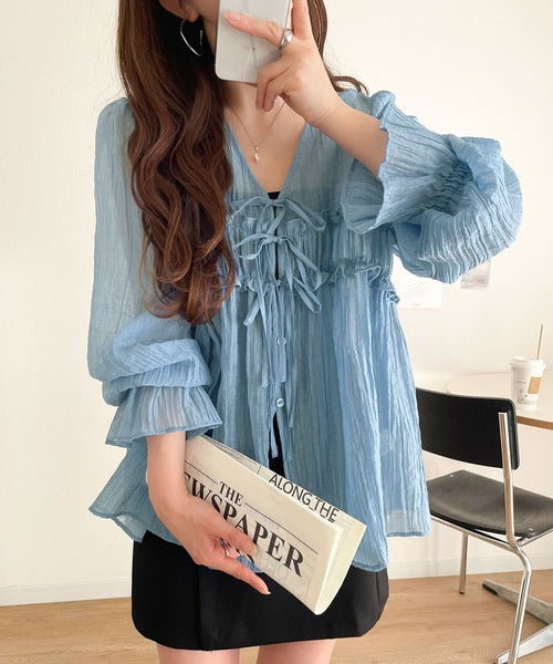 mily bilet】軽やかガーリー。リボン使いシアー楊柳フリルカーディガン