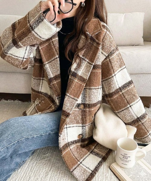 mily bilet】冬のコーデを引き立てる。起毛ブークレチェック柄コクーン
