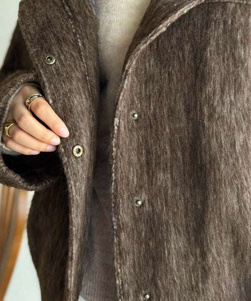 暖かさとおしゃれを両立♪ミックスシャギースタンドカラー比翼ミドル
