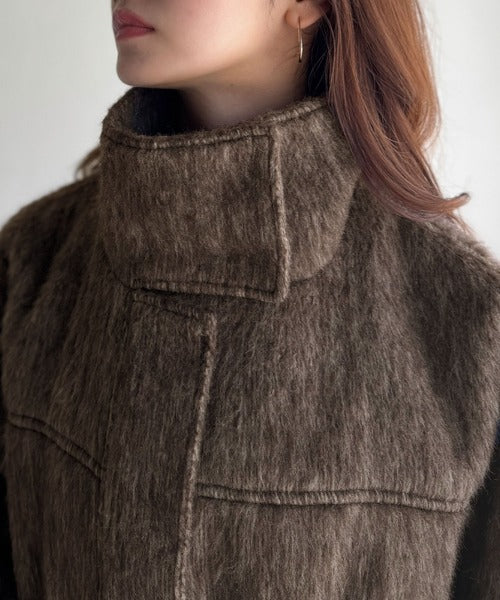 暖かさとおしゃれを両立♪ミックスシャギースタンドカラー比翼ミドル