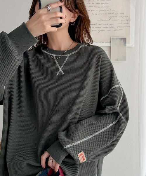 JaVaジャバ 別注》シンプルなのに格上げ。2way配色ワッフルロンTee