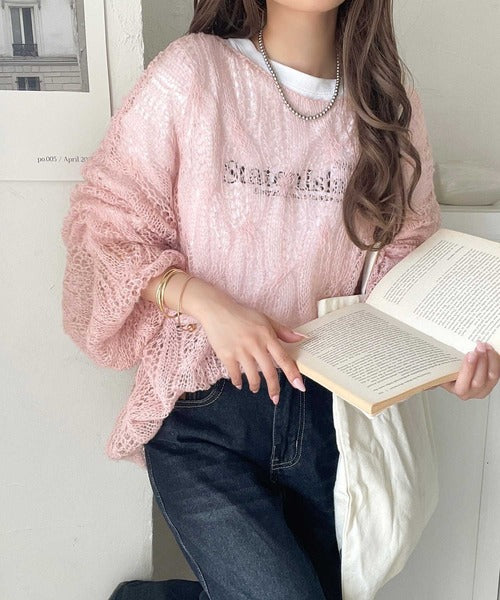 ゆるっと抜け感漂う！透かし編みケーブルオーバーサイズニット（長袖