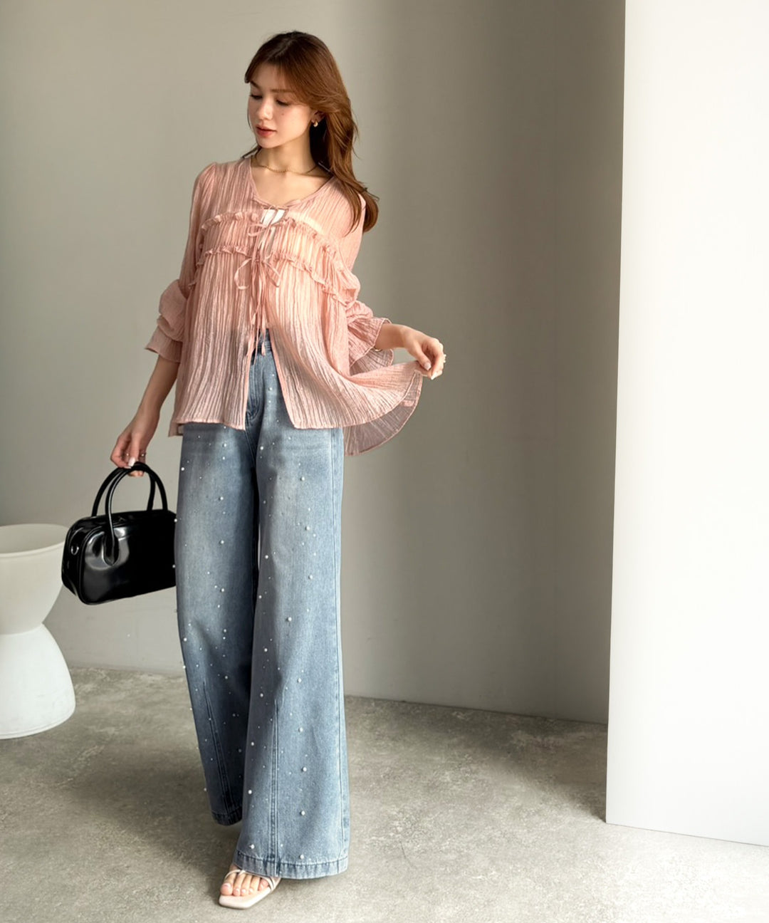 mily bilet】カジュアルにきらめきを。パールビジューワイドストレート