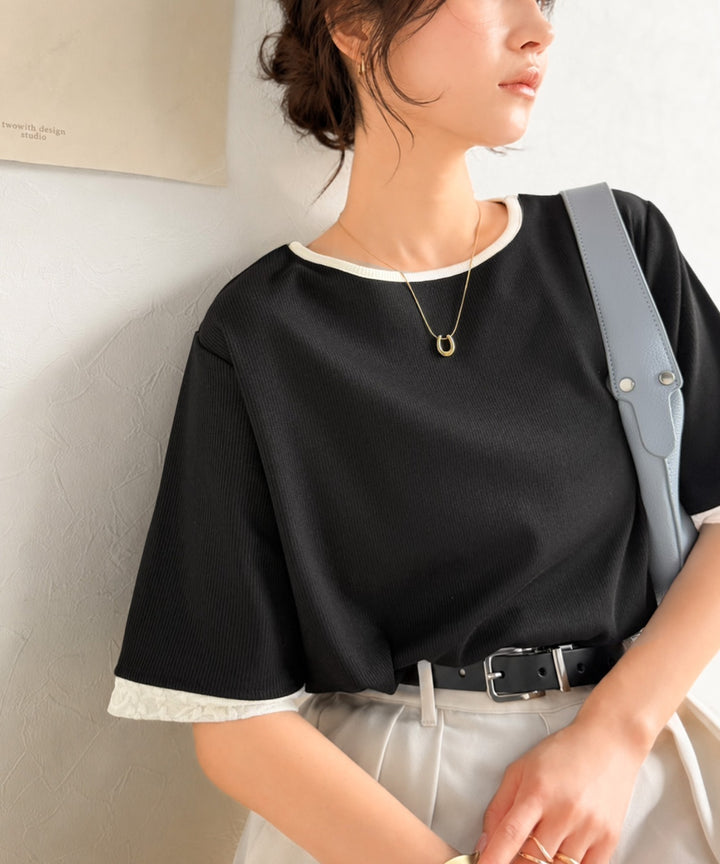 異素材と配色で上品に華やぐ。ふくれジャガード×リブの大人可愛い
