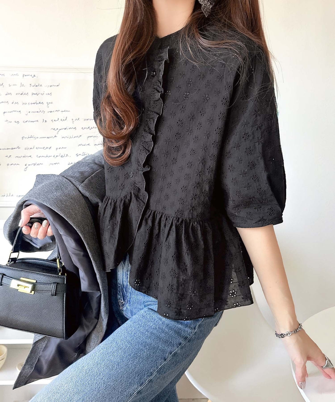 新品タグ付 ALEXIA STAM ペプラムブラウス M 黒 レース パフ袖 ALEXIA 
