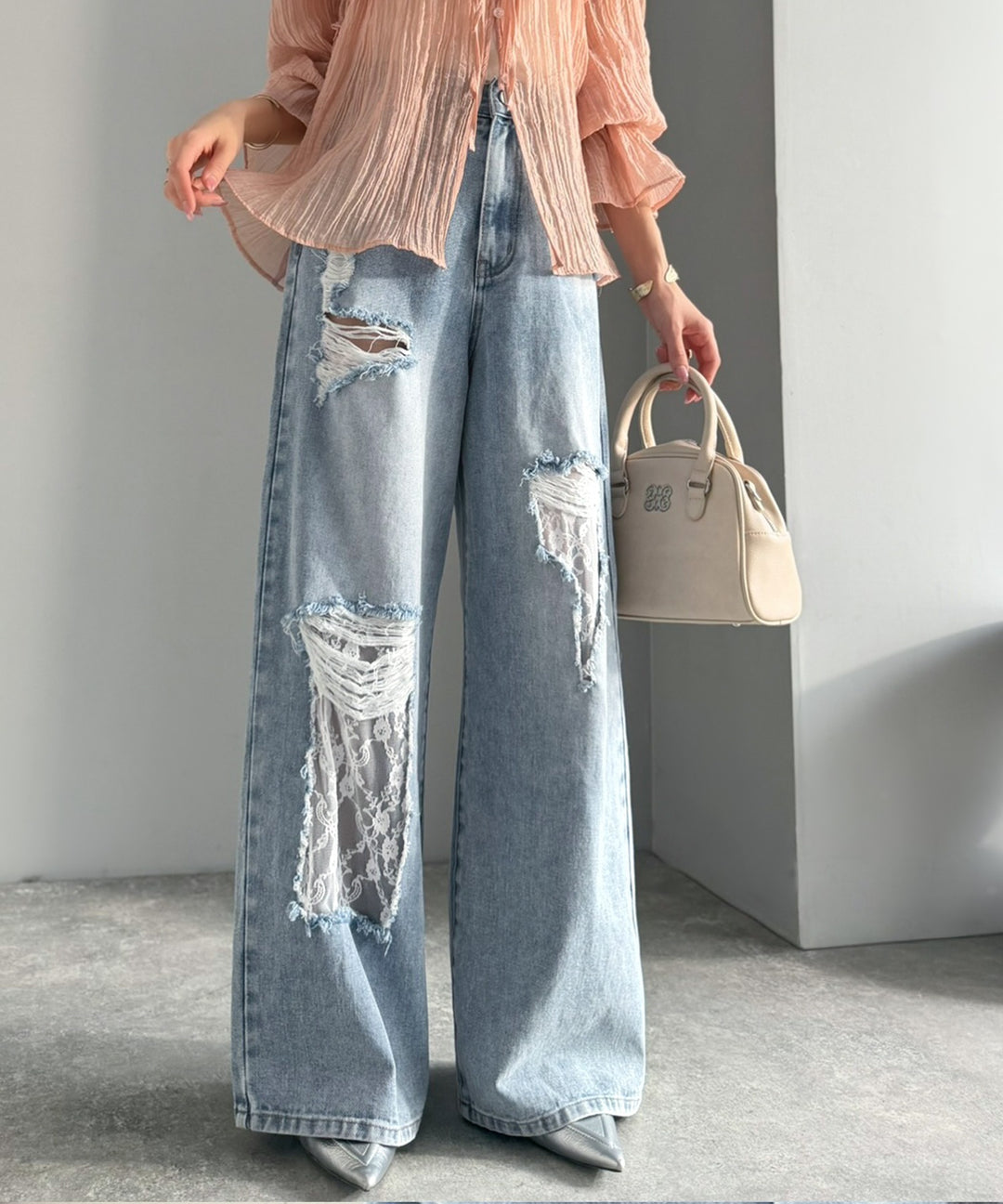 mily bilet】ラフに可愛く、ちょっと大胆。ダメージレースデニムパンツ 