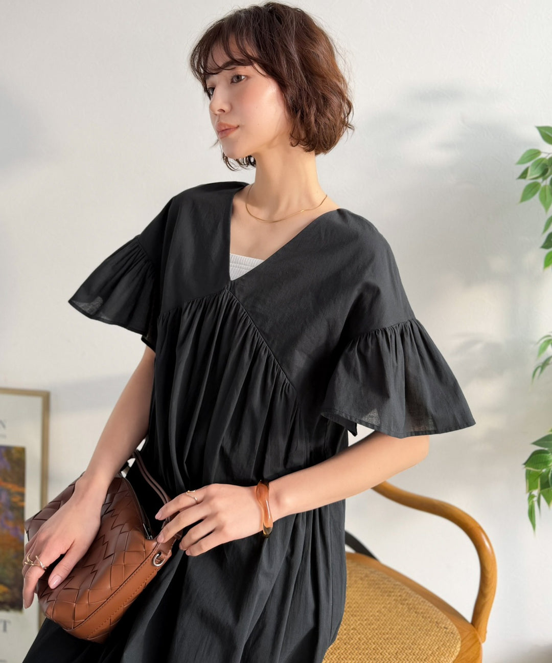 ebure エブール コットン 半袖ワンピース ギャザー ロングワンピース 36 Classical Evon】綿100%さらりと軽いコットンボイル。リゾートにも