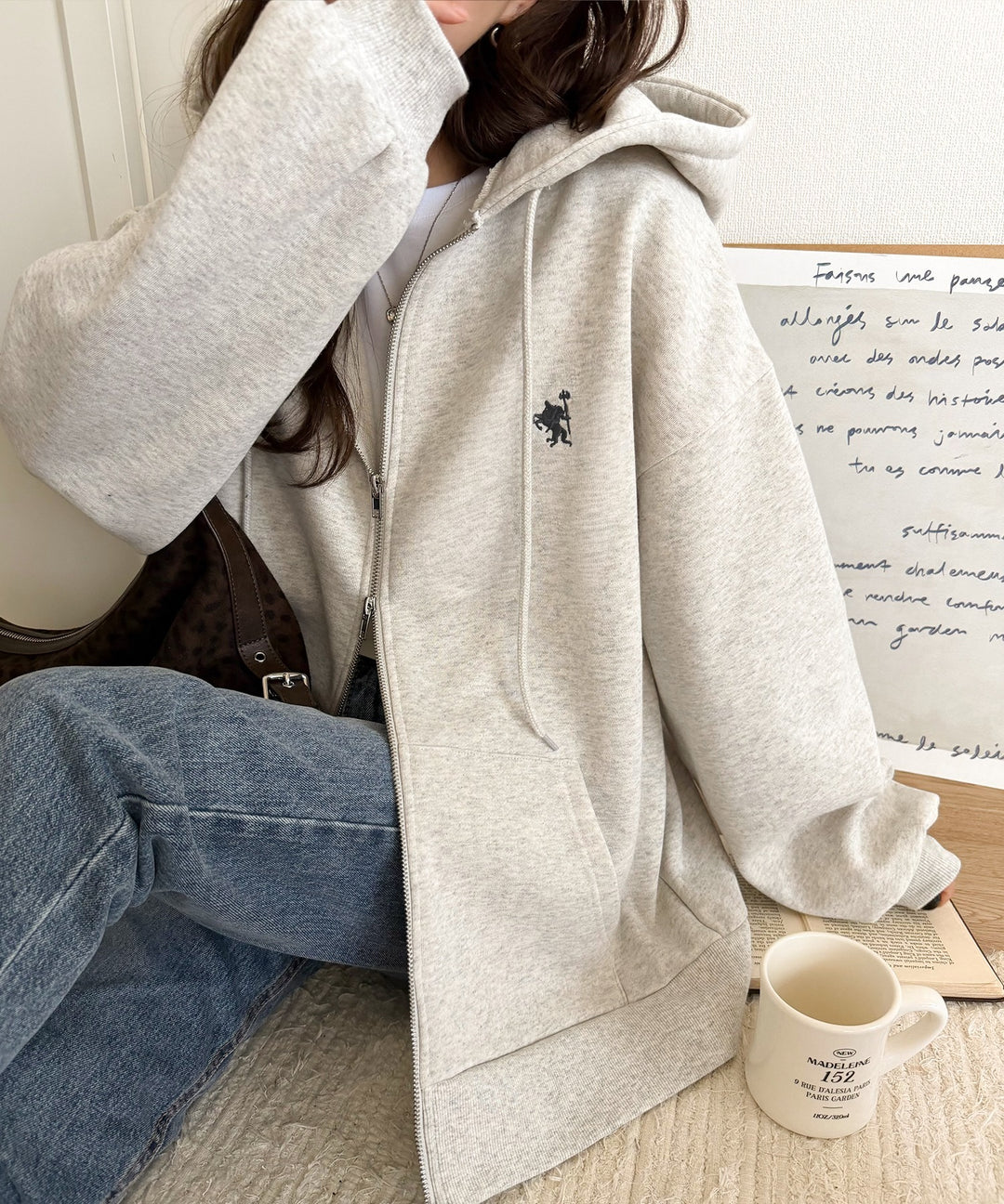 羽織って暖か、さらりと洒落感。胸元ワンポイント刺繍裏起毛ダブル