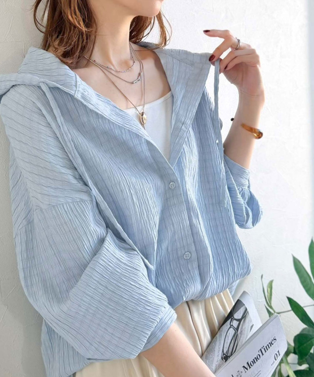 美品✨foufou フーフー ぽこぽこシアー シャーリング ブラウス M 白 ぽわん袖とラウンド裾でこなれ感をプラス。ぽこぽこ素材が可愛い