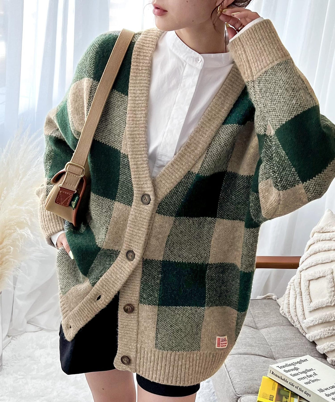 【Acne Studios】チェックカーディガン Acne Studios - モヘアチェックスカーフ - チェスナットブラウン