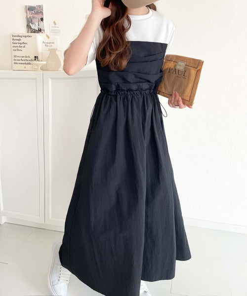 1枚で主役級。脇ドロストビスチェドッキングワンピース(無地＆ボーダー