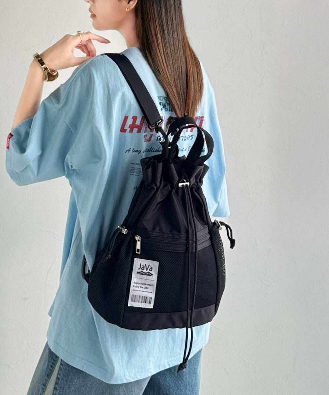 ★愛★チャウヌ着用　Liberclassy/ブラックショルダーバッグ JaVa ジャバコラボ》毎日の相棒バッグ！メッシュ使い巾着2WAYリュック