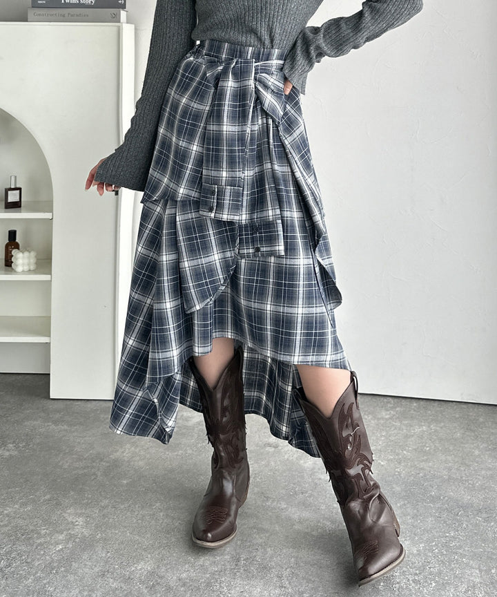 Cornet チェック柄 スカート mily bilet】旬のレイヤード風スタイルが楽しめる！シャツ巻き風
