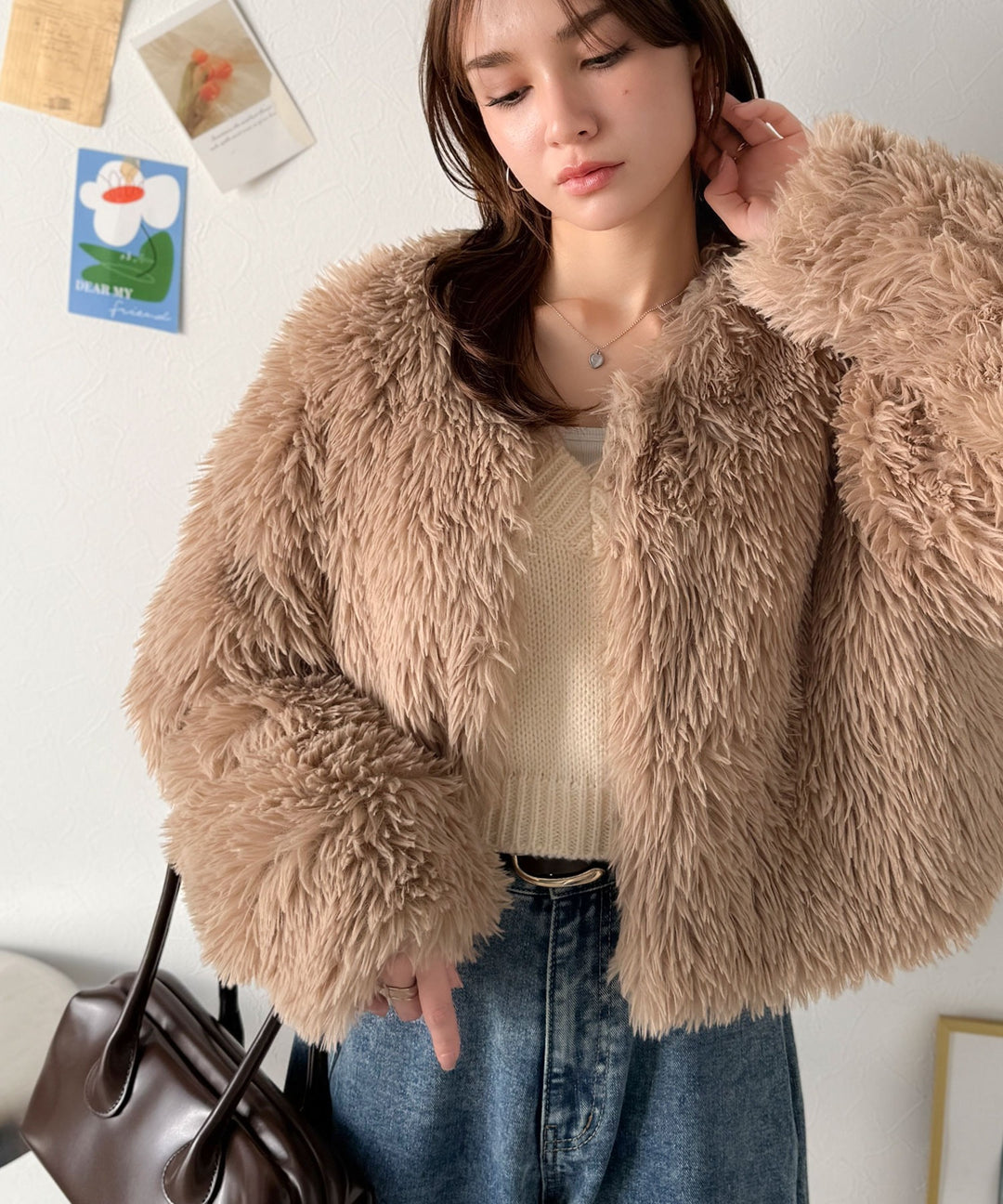 AYA×クラシカルエルフコラボ》品なノーカラーショートファーコート