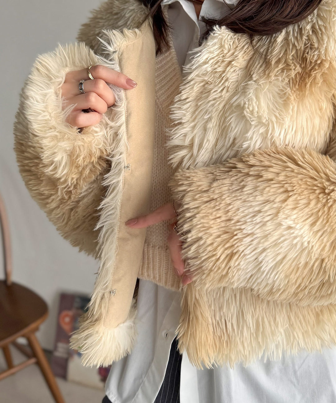 AYA×クラシカルエルフコラボ》品なノーカラーショートファーコート