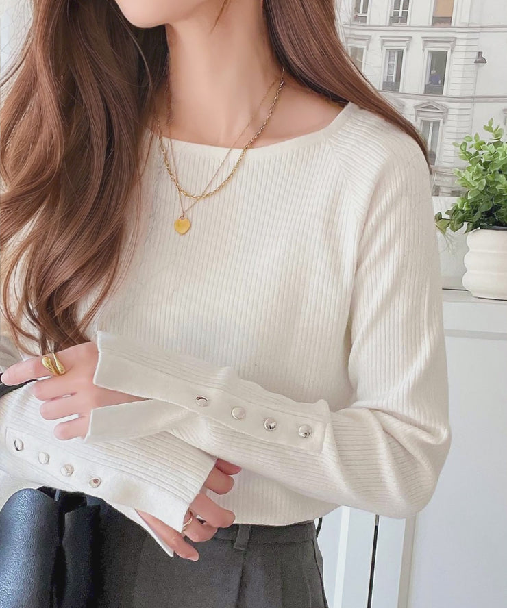 Rene ルネ ビジューボタン 袖切替 リブ ニット ホワイト Rene ルネ