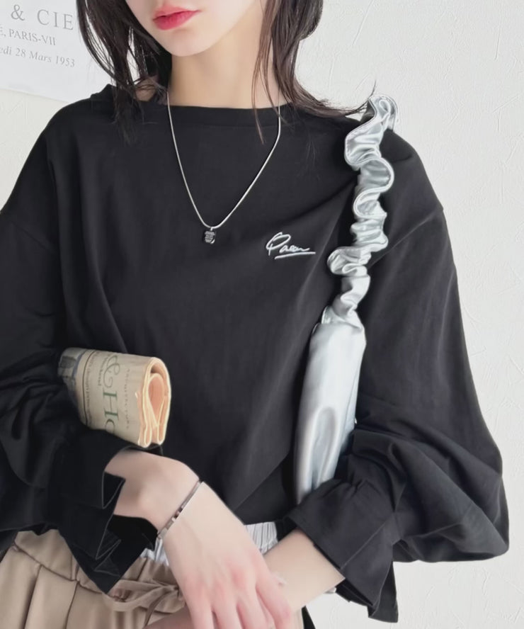 愛らしさを纏った。綿100％英字胸刺繍キャンディースリーブシルケット