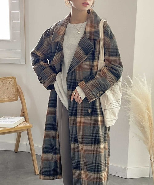 チェック柄LOVER。レトロチェック柄ロング丈ダブルコート ce1010136