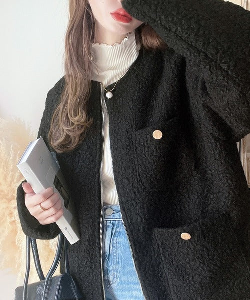mily bilet】大人のモテItem。ダブルポケットループツイードノーカラー 