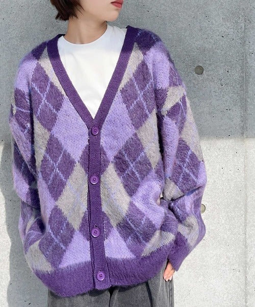 EMILIO PUCCI正規品　新品　紫の葉模様 カーディガン 愛され、もふもふタッチ。【90年代ライク】モヘアライクアーガイル柄